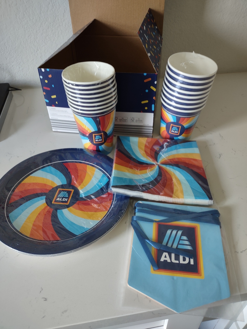 Rainbow Swirl Party Paper Cups, Plates & Napkins - Multicolor